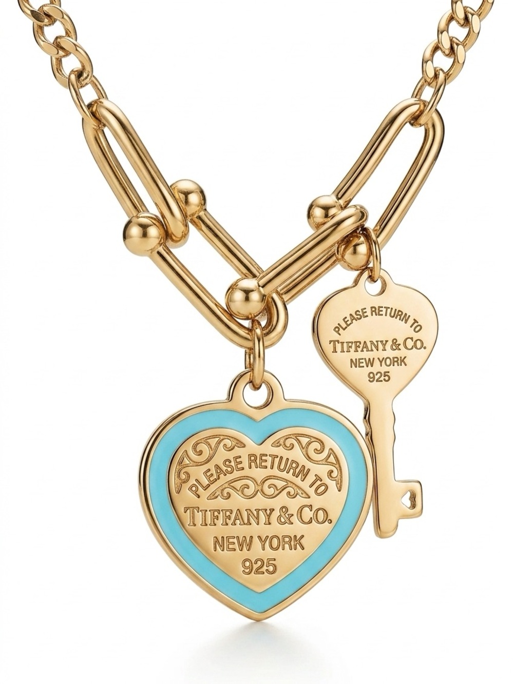 Stainless steel gold toned Heart and Key Pendant Necklace with Turquoise Enamel